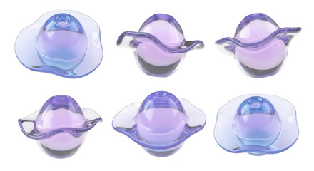 Various angles of a purple and blue decorative glass bowl floating on a white background perfect for artistic presentations