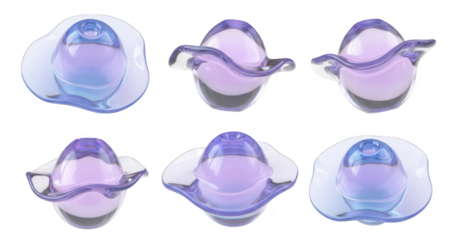 Various angles of a purple and blue decorative glass bowl floating on a white background perfect for artistic presentations