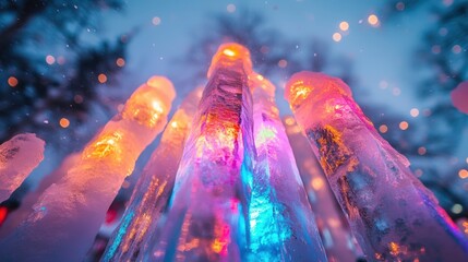 Colorful illuminated ice formations in winter landscape