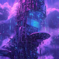 Futuristic Cityscape with Neon Lights and Dynamic Cloud Formation