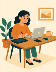 "Female Designer Working on Laptop with Graphics Tablet at Home Office - Flat Vector Illustration"