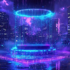 Futuristic Neon Cityscape with Glowing Circular Structure at Night