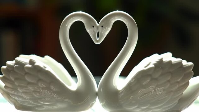 Elegant White Swan Figurines Forming a Heart Shape, Symbolizing Love and Romance