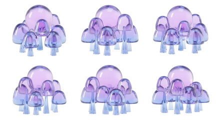 3D rendered purple & blue glass mushroom sculptures in clusters arrayed on white perfect for whimsical design or fantastical illustrations