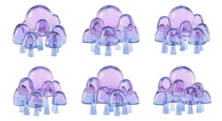3D rendered purple & blue glass mushroom sculptures in clusters arrayed on white perfect for whimsical design or fantastical illustrations