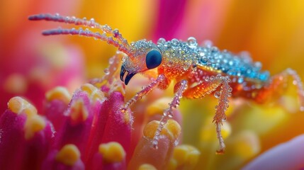 Colorful insect on vibrant flower with dew drops