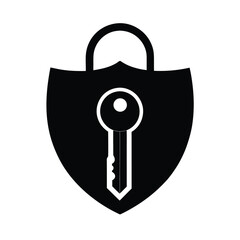 Shield Lock with Key Security Symbol Illustration in Black Silhouette