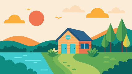 Fototapeta premium Cozy Small House by River with Thriving Vegetable Garden Produce