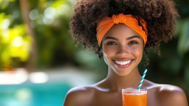 Young woman with curly hair enjoying fresh juice on a sunny day