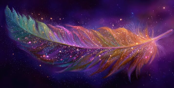 A single iridescent feather, adorned with glittering particles, floats amidst a cosmic, nebula-like backdrop of purples and oranges - Powered by Adobe