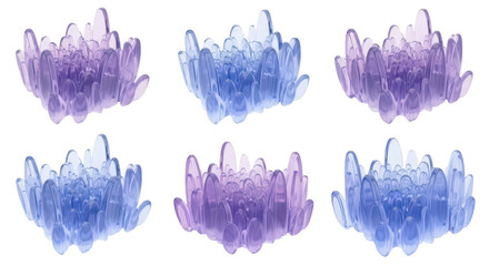 Colorful translucent coral reef sculptures isolated on white arranged in a grid representing abstract marine life potentially for design or illustration