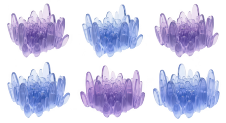 Colorful translucent coral reef sculptures isolated on white arranged in a grid representing abstract marine life potentially for design or illustration