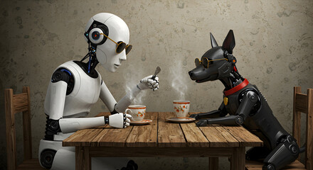 Robot and Dog Enjoying Tea Time Together Futuristic Friends