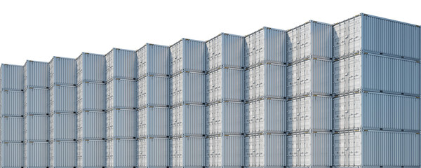 Towering wall of white cargo containers isolated on transparent background. 3D illustration.