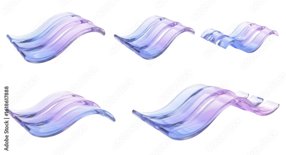 Poster abstract glass wave sculptures arranged on a white surface showcasing light refraction and reflectio
