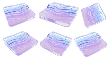 3D rendered abstract glass objects multiple views floating with layered designs white background for digital art backgrounds