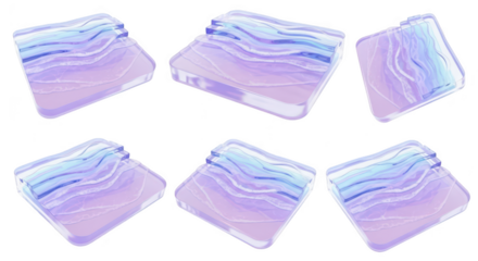 3D rendered abstract glass objects multiple views floating with layered designs white background for digital art backgrounds