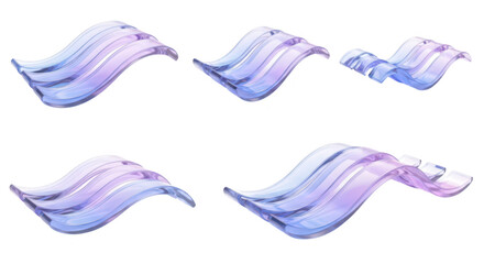 Abstract glass wave sculptures arranged on a white surface showcasing light refraction and reflections; ideal for design elements