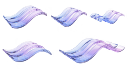 Abstract glass wave sculptures arranged on a white surface showcasing light refraction and reflections; ideal for design elements