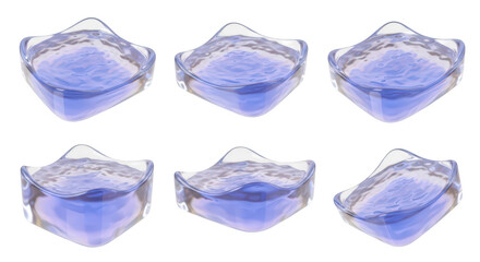 Six abstract clear glass cubes filled with blue water rotating isolated on white background suitable for hydration or liquid concept