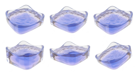 Six abstract clear glass cubes filled with blue water rotating isolated on white background suitable for hydration or liquid concept