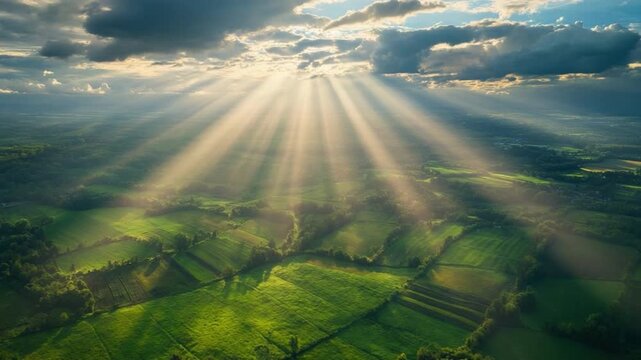 Sunbeam's Embrace over the Green Landscape: The breathtaking sight of sunbeams piercing through a cloudy sky, casting a radiant glow upon the lush green landscape.