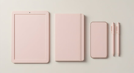 Pink Tablet Notebook Phone Pens Mockup Minimalist Design