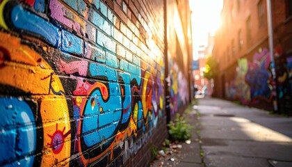 Obraz premium Vibrant Graffiti Alleyway Sunlight Urban Art Brick Wall
