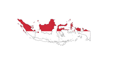  vector illustration of the map of Indonesia filled with the red and white colors of the Indonesian national flag, top half in red and bottom half in white