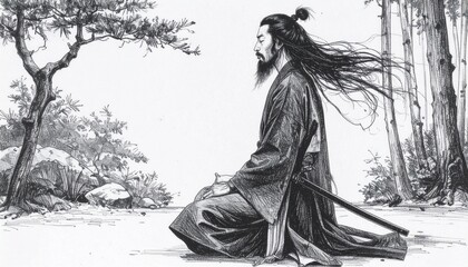 Samurai Meditating in Traditional Japanese Attire (Black and White Line Art)