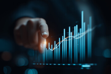 Businessman finger touch glowing digital graph upward arrow.