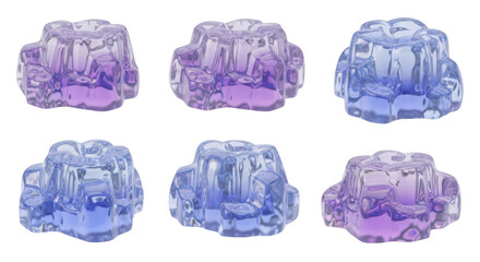 Six colorful abstract geometric ice-like objects are arranged in two rows isolated on a white background for decorative or artistic purposes