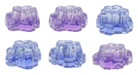 Six colorful abstract geometric ice-like objects are arranged in two rows isolated on a white background for decorative or artistic purposes