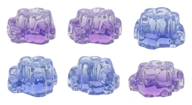 Six colorful abstract geometric ice-like objects are arranged in two rows isolated on a white background for decorative or artistic purposes