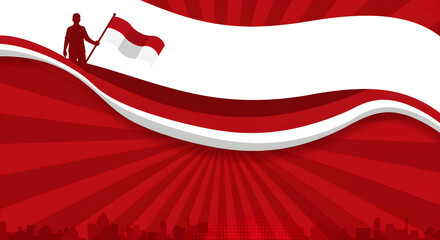 vector illustration features a white banner with a dark red silhouette of a person waving Indonesian flags