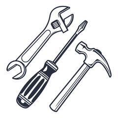 Collection of essential hand tools including a wrench screwdriver and hammer on a white background