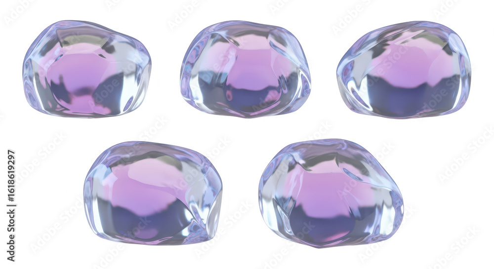 Poster five abstract crystal orbs displayed in varying angles reflecting light on a white backdrop suitable