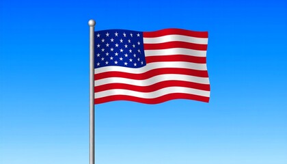 Fototapeta premium Waving American Flag on Pole Against Clear Blue Sky