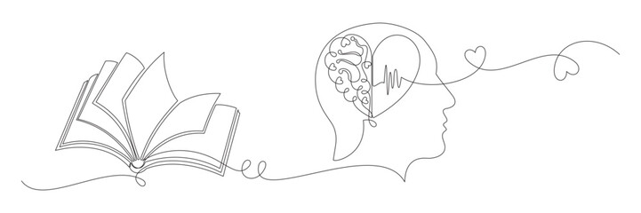continuous line drawing of human head and brain with book