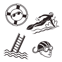 Collection of swimming and water safety icons including a swimmer life preserver ladder and swimmer s head