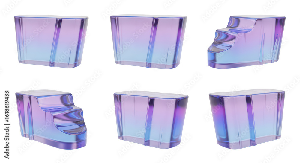 Poster multicolored translucent glass blocks isolated against white various forms 3d rendering for abstract