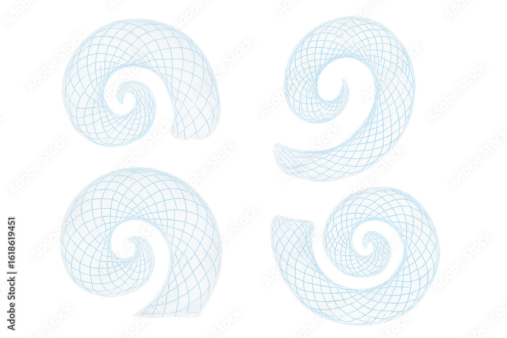 Poster rotating blue gradient transparent mesh spirals, symbolizing technological innovation and abstract d
