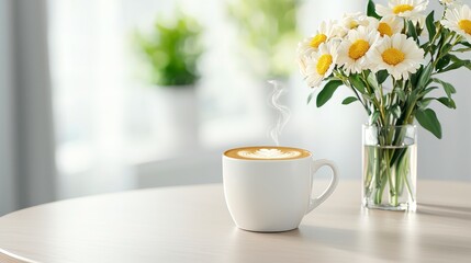 A steaming cup of latte art coffee sits on an elegant oval coffee table next to a vase of fresh white daisies in a bright, modern living room.