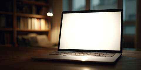 Contemporary workspace setup featuring laptop with blank screen mockup in brightly lit room ideal for creative projects and remote work environments