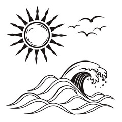 Stylized black and white illustration of a sun waves and flying birds