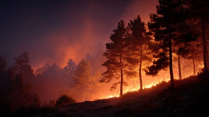 A forest fire in the Turkish mountains at night