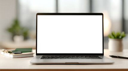 Fototapeta premium Contemporary workspace action with laptop mockup on blank screen modern office environment aesthetic viewpoint for creative professionals