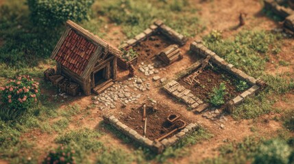 Miniature village scene with rustic cottage and gardens