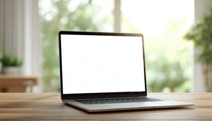 Fototapeta premium Contemporary workspace with laptop and blank screen mockup in bright environment ideal for creative projects and digital presentations