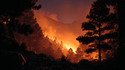 A forest fire in the Turkish mountains at night